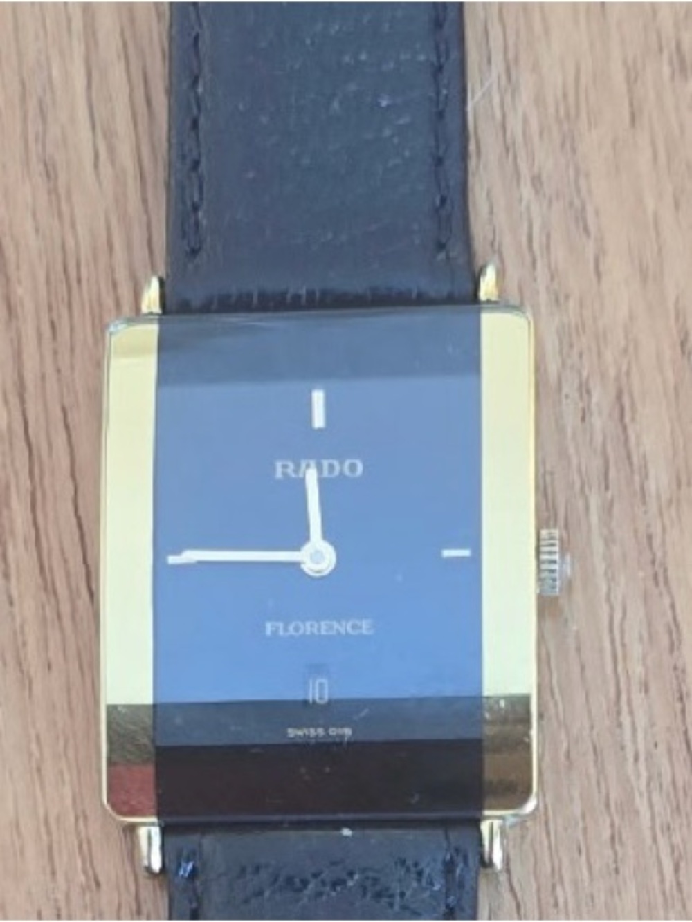 Rado Gold-Tone Square Watch with Black Dial and Black Strap